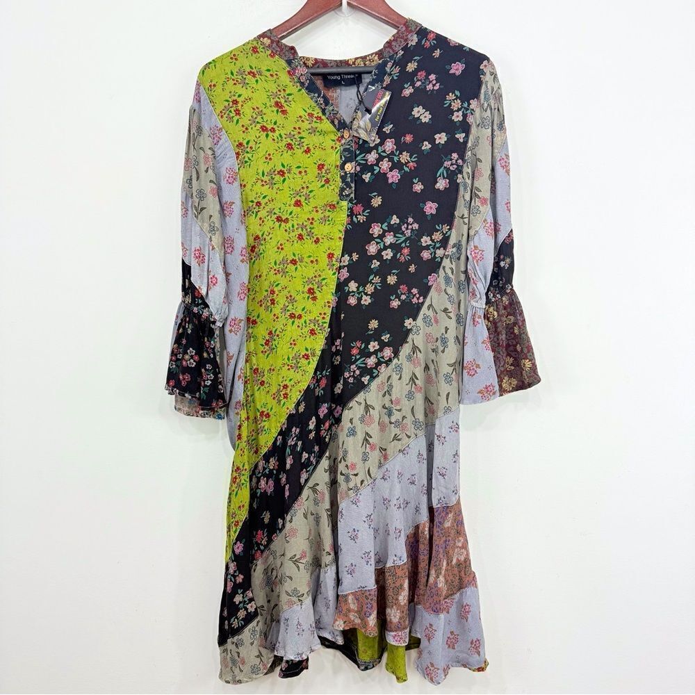 Young Threads Earth Tone Complimentary Asymetrical Floral Patchwork Ruffle Dress